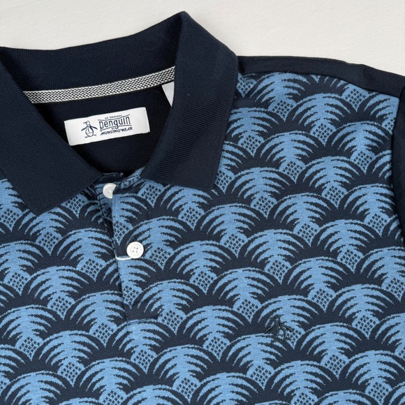 Original Penguin Polo Shirt Palm Print Dark Sapphire Men Medium Short Sleeve New - Picture 1 of 6